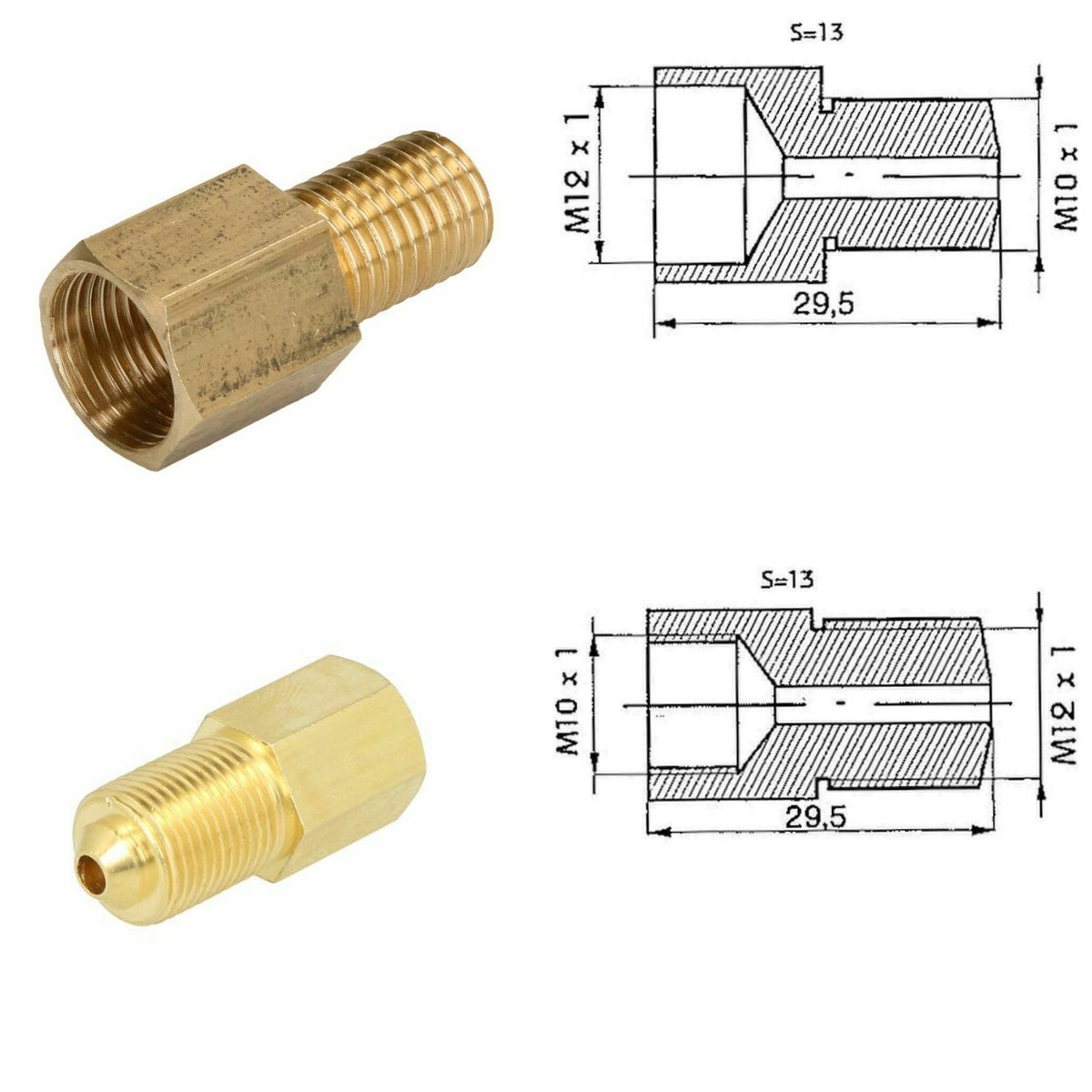 1+1 Brake Line Pipe Brass Metric Adapter M10X1 to M12X1 and  