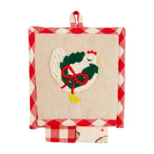 Mud Pie Country Chicken Christmas Wreath Farmhouse Kitchen Pot Holder Towel Set