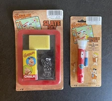 Vintage Flintstones Chalkboard Slate Set and Whistle Flash Toy Sets - New Sealed