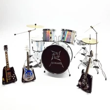 1/6 Miniature Drum Silver & Guitar Set Metallica Style Logo Diorama Display GIFT