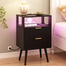 Black Nightstand with Charging Station and Lights,Modern Bedside Table with 2...
