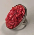 Vintage Red/Orange Stone carved cinnabar Silver Ring -  Size 5.5 Floral 27mm L