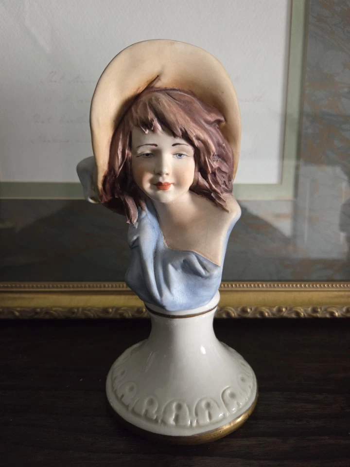 Vintage Capodimonte Pair Bust Figurines Boy & Girl W/ Hat on Pedestal Signed - Image 2 of 4