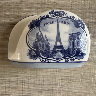 Vintage French Ceramic Napkin Holder  J AIME PARIS  Eiffel Tower Hand Painted