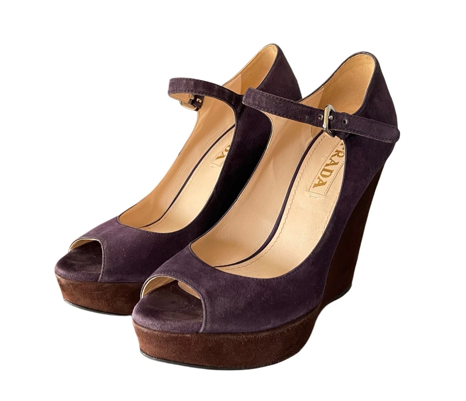 Scarpe Prada scamosciate viola marrone Mary Jane punta aperta zeppa taglia EU 37 o US 7