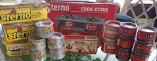Vintage Sterno Canned Heat Cooking Fuel lot of 21 Cans and Two Burner Stove