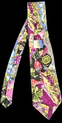 90s Nicole Miller Silk Tie Wine Grapes Vines Bottle Zinfandel WM Wheeler Vtg
