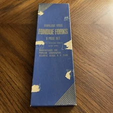 Vtg MCM Fondue Forks SS Rosewood Handled Color Tips 11” Set Of 6 USA IOB