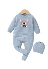 Baby Boy Bear Cartoon Design Footed Jumpsuit  Hat Set Blue