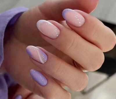 CIORGLOW Purple White Short Oval Fake False Nails Wavvy Swirl French Tips Press On 24pcs