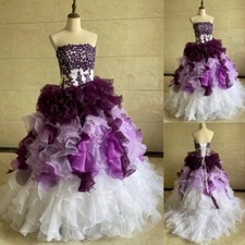 White and Purple Strapless Wedding Dresses with Ruffles Princess Bridal Gowns