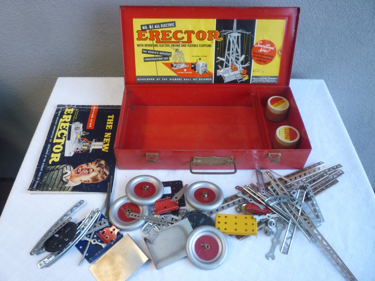 40s 50s vintage 分子モデルキット アトミック Vtg 1948 A.C. Gilbert ERECTOR Set No. 6 1/2 w/ Many Parts + Manual