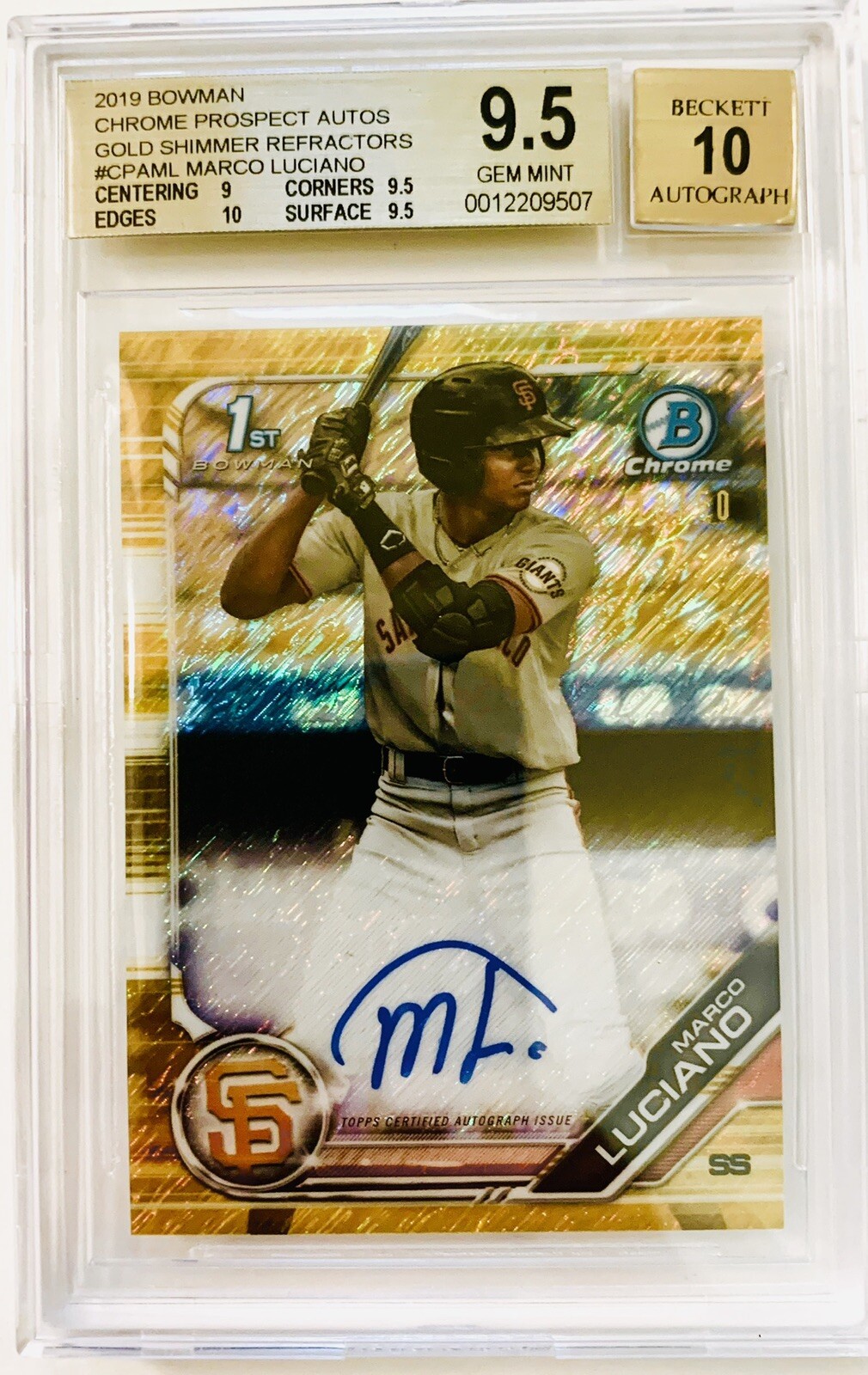 2019 Bowman Chrome Marco Luciano 1st Bowman Auto Gold Shimmer #13/50 BGS 9.5/10