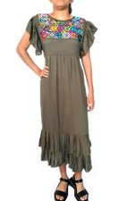 Mexican Embroidered Floral Women's Dress Artisanal Long Green Dress S,M Rayon
