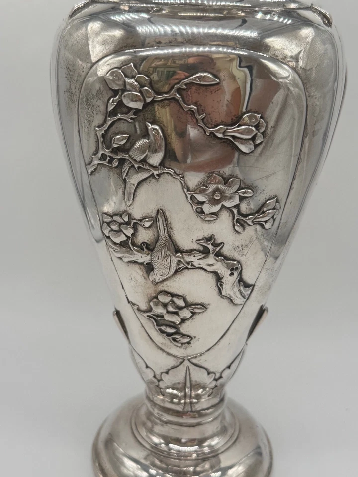 Jarrón grande de plata de exportación china Pao Kuang con aves búho y floral era de diciembre de 1830-1860 Foto 3 de 4