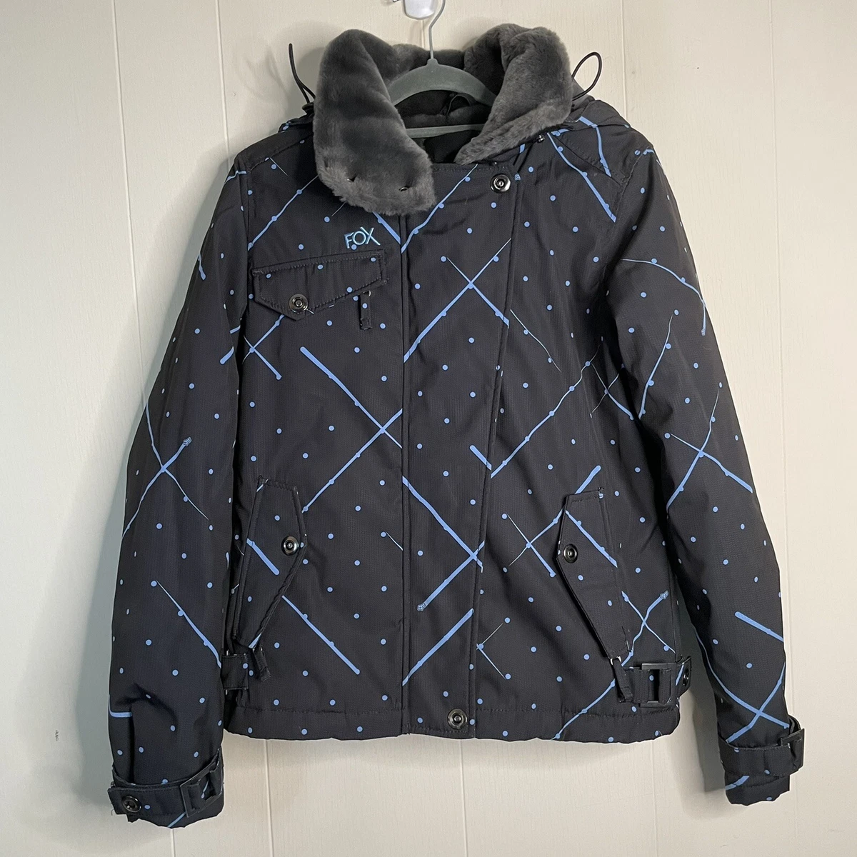 Fox Racing Ski Snowboarding Jacket Retro Geometric Black Blue Women s Size S