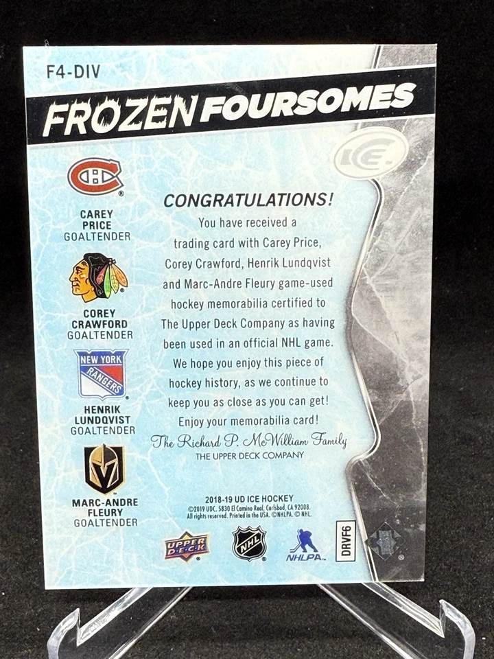 2018-19 Upper Deck Ice Frozen Foursomes Fleury/Lundqvist/Crawford/Price F4-DIV - Image 2 of 2