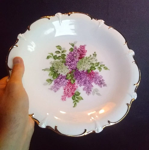 Vtg. Schumann Arzberg Germany Lilac Time 11 3/4" Shallow Bowl Gold Scalloped Rim