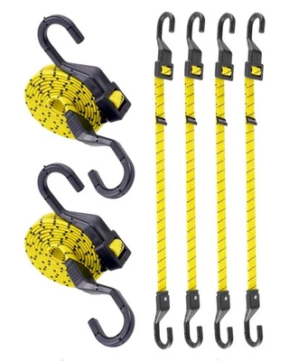 LUCKYSTRAPS 6 Pcs 48 Inch Flat Adjustable Bungee Cords with Hooks, 3X Faster to Adjust Th...