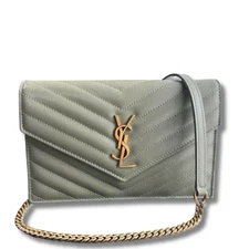 Saint Laurent Cassandra Envelope Chain Wallet Green Gold HW 12.5x19x4cm NNCr69
