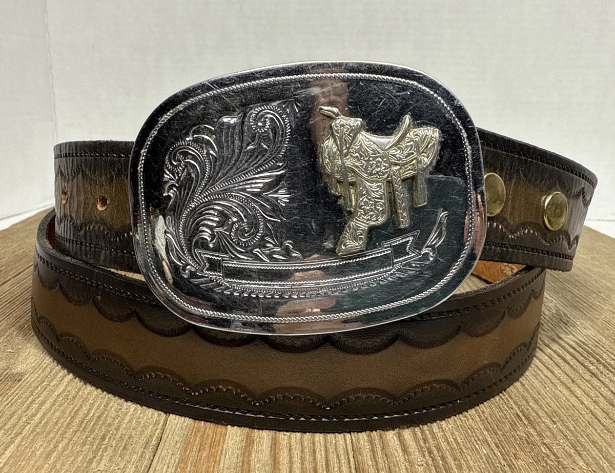 VTG 3 Circle Embellished Fish Belt Buckle w Leather Belt, 37” L x 1.5” W -Signed Rear cinch fencing bags made in USA main image 4