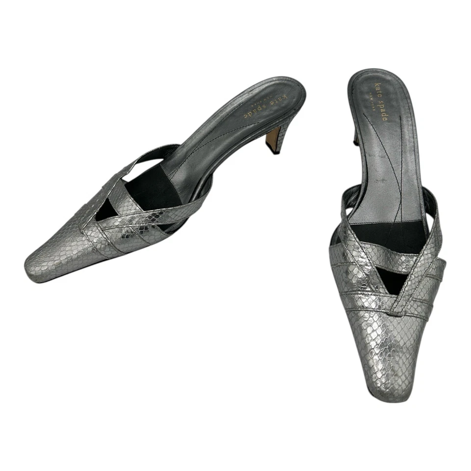 Kate Spade New York Silver Metallic Snakeskin Pointed Toe Mules Heels Size 10 - Image 3 of 4