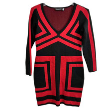 Nina Leonard Dress Womens Small Black Red V Neck Sweater Bodycon Knit Geometric