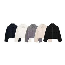Casual Lightweight Women Long Sleeve Cropped Jacket with Front Pocket Zipper