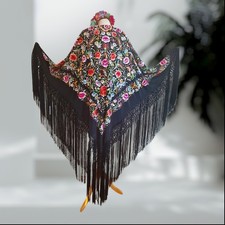 Silk Hand Embroidered Flamenco Manton de Manila Multicolor Piano Shawl. Boxed.