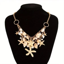 Women's Boho Starfish Pendant Necklace Conch Shell Layered Fashion Jewelry Alloy