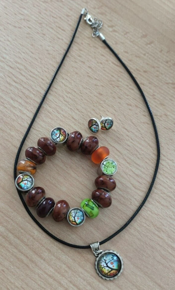 Set Kette Armband Ohrringe Neu Baum Glascabochon 925 er - Bild 4 von 4