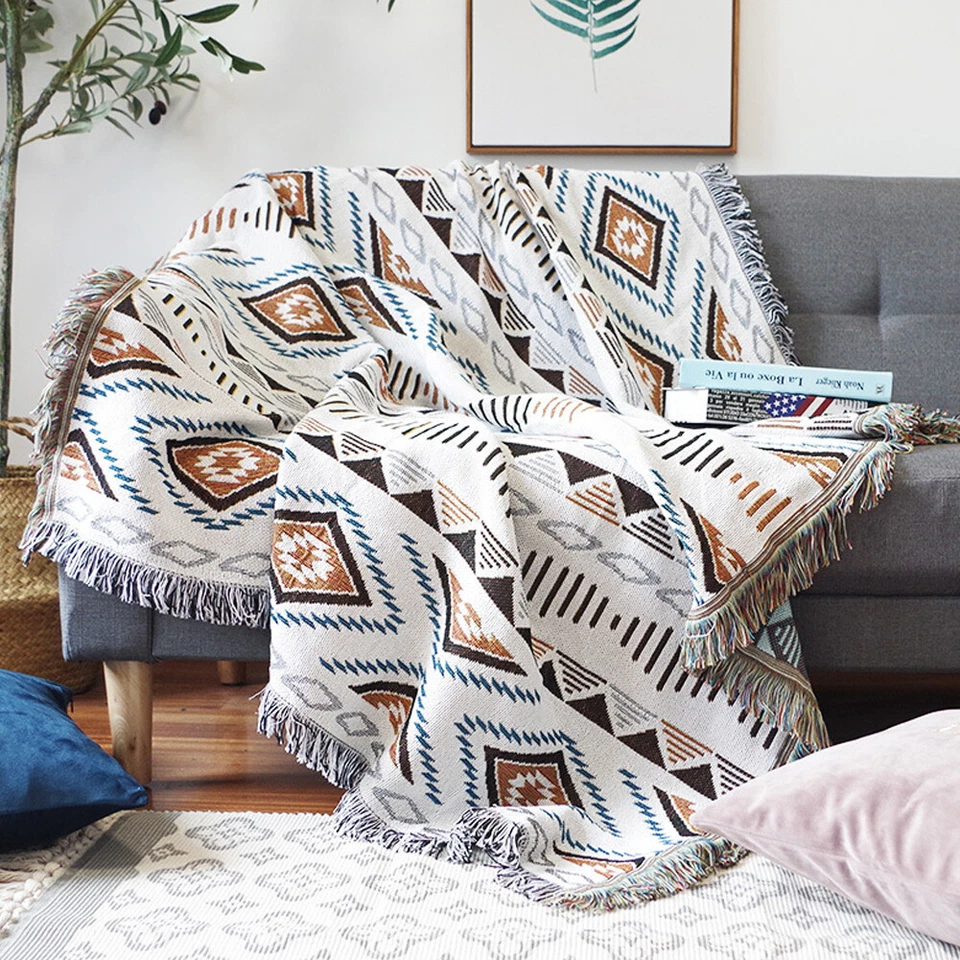 Bohemian Bed Throw Aztec Couch Blanket Oversize Sofa Cover Lounge Rug w/ Tassels
