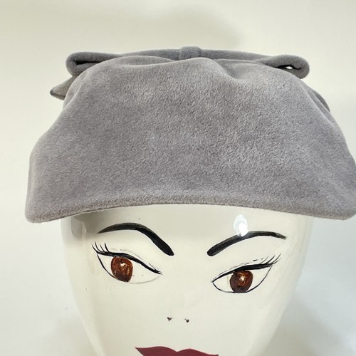 VINTAGE Gray Felt Velour Pillbox Hat Cap Bow "Aurore" made in France - Picture 9 of 16