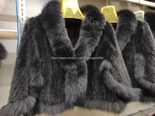 Handmade Knit Real Genuine Mink Fur Coat with Fox Fur Collar Shawls Wraps Cape - Picture 37 of 47