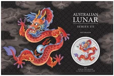 2024 Australia RED BU Lunar Year of the Dragon 1oz Silver $1 Color Coin In Card