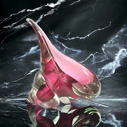Vtg 1950s Alfredo Barbini Murano Italy Art Glass Pink Cranberry Conch Shell Bowl