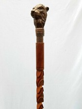 Vintage Lion Head Handle Walking Stick Carved Hand Design Wooden Brown Cane Gift