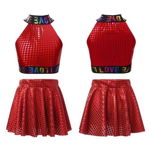 Kids Girls Outfit Performance Set Shiny Suit Elastic Band Dancewear Skirt Jazz - Picture 27 of 38