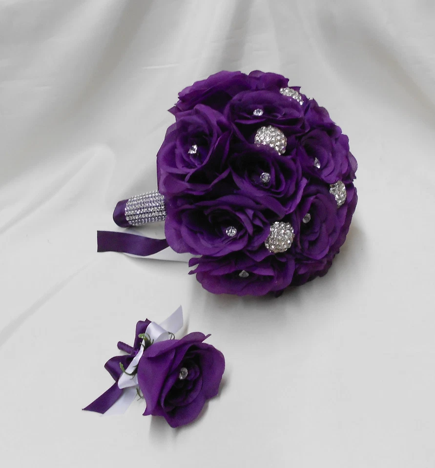 Wedding Silk Flower Bridal Bouquet 2 pieces Bride Groom Purple Eggplant Brooch - Image 2 of 4