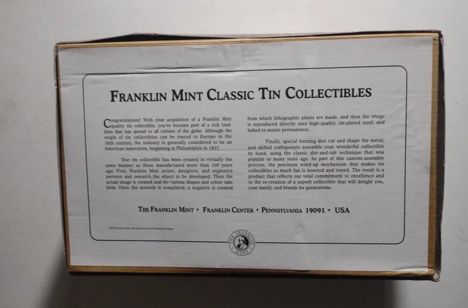 Litografía de hojalata Franklin Mint cuerda John Deere modelo "B" tractor nuevo en caja Foto 4 de 4