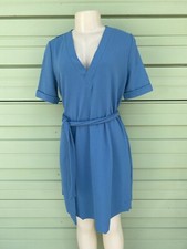 ZARA  BLUE TEXTURED DRESS WITH BELT Short Sleeve V-Neck S