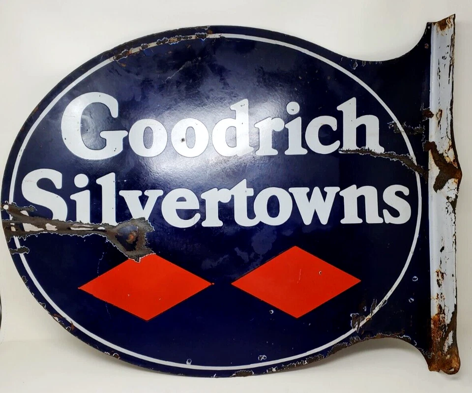 Vintage Goodrich Silvertowns Flange Sign Double Sided Blue Porcelain  Diamonds - Image 3 of 4