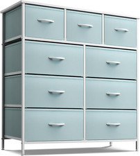 Stylish Kids Dresser with 9 Drawers for Bedroom  Office - Aqua Fabric Bins