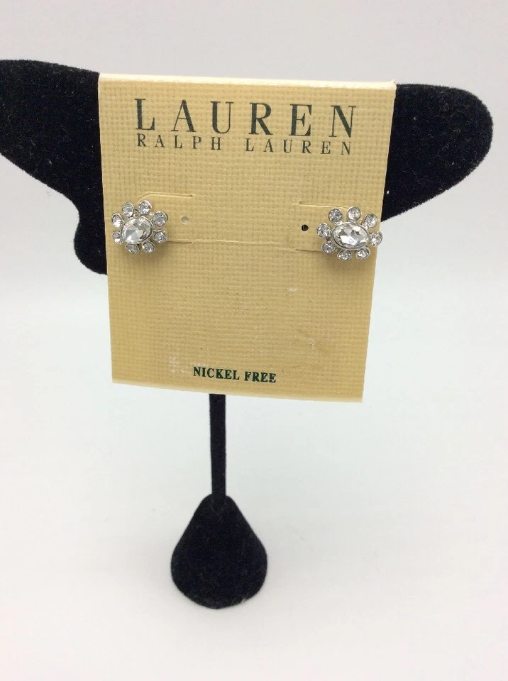 $30 Ralph Lauren Tono Plata Transparente Ova Piedra Cristal Pendientes 133A Foto 2 de 4