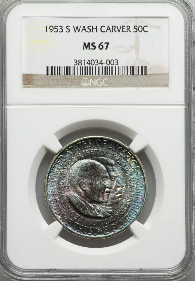 1953-S Silver Half Dollar Washington Carver NGC MS67 Intense Rainbow Tone - Image 4 of 4