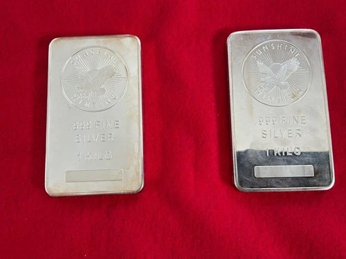 Two 1 Kilo Silver Bar - Sunshine Mint- M .999 Silver Bullion Bars 64.3 troy oz