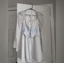 White Blue Medieval Corset Dress Lace-Up Floral Pattern Long Sleeves