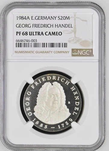 Germany DDR 20 mark 1984   Birth of George Frideric Handel  NGC PF68 ULTRA CAMEO