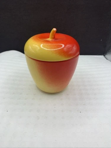 Vintage Hazel Atlas Milk Glass Red Yellow Apple Jam Jar Trinket Box Covered Dish