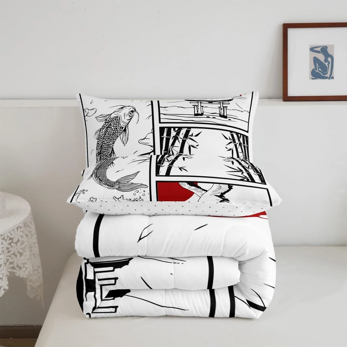 Koi Fish Twin Bedding Set with Japanese Wave and Crane Design